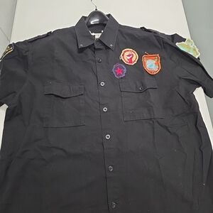 HAMA Black Military Patchwork Button Up Shirt 2XL Distressed Patches Studded (D)